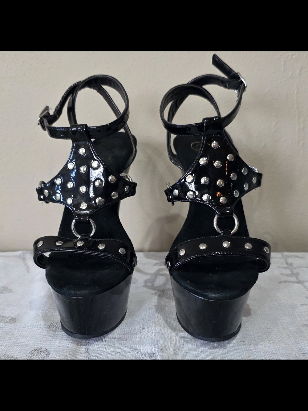 Pleaser Black Patent Platform Stiletto Heels with Stud Accents - Picture 2 of 8